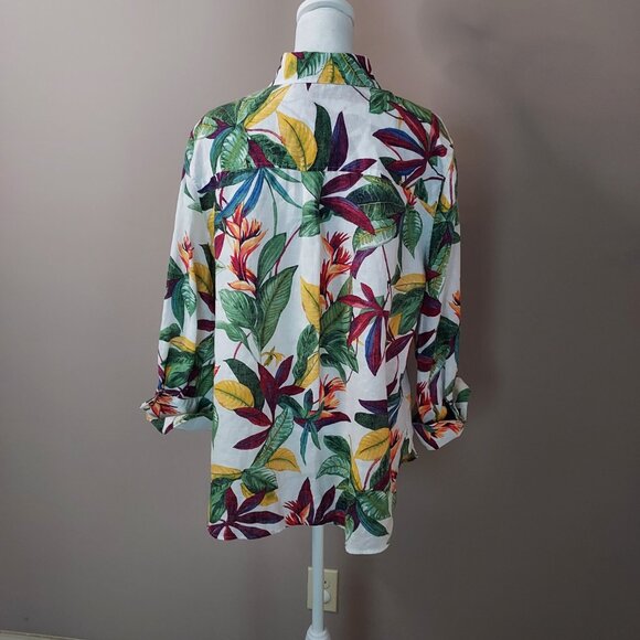 Chico's Linen Tropical Floral Print 3/4 Sleeve Blouse Size 12 - Picture 3 of 10